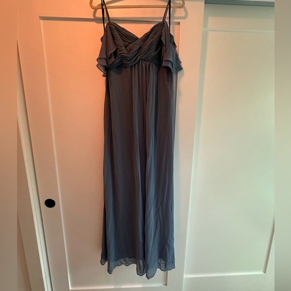 Bill Levkoff Dusty Blue Cold Shoulder Bridesmaid Dress - Picture 1 of 5